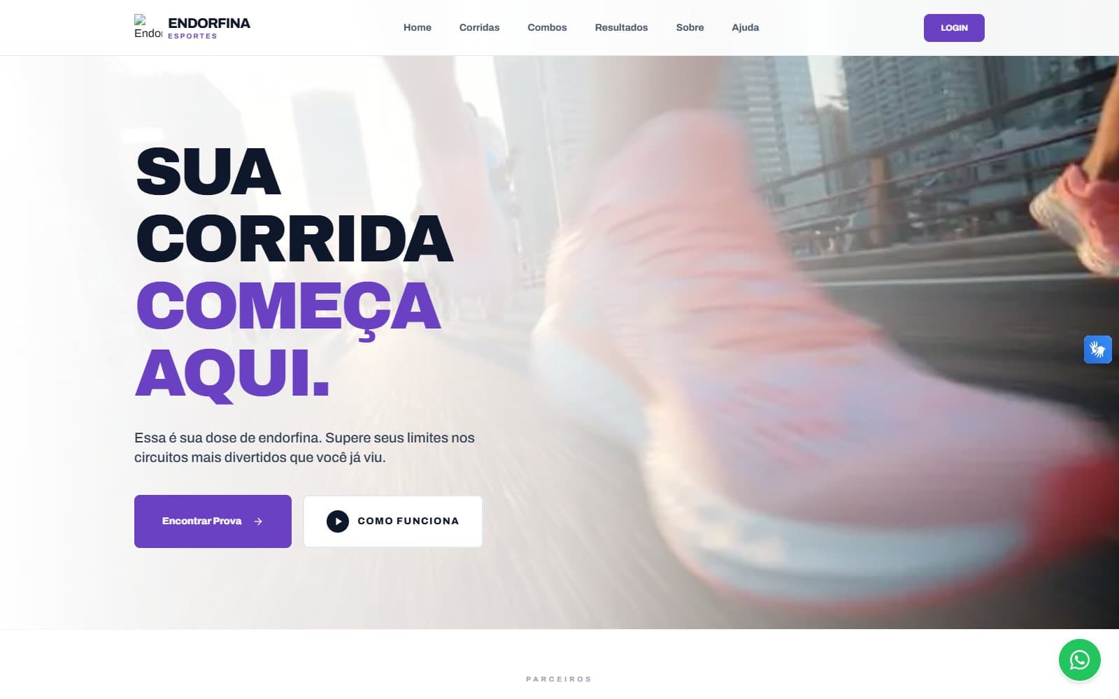 Endorfina Esportes: página inicial do site, desenvolvido pela GL CODING