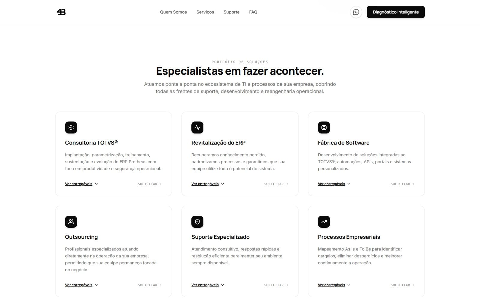Seção de serviços e soluções da FourB Tecnologia